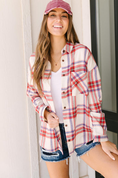 Pretty In Plaid Button-Up Top in Red