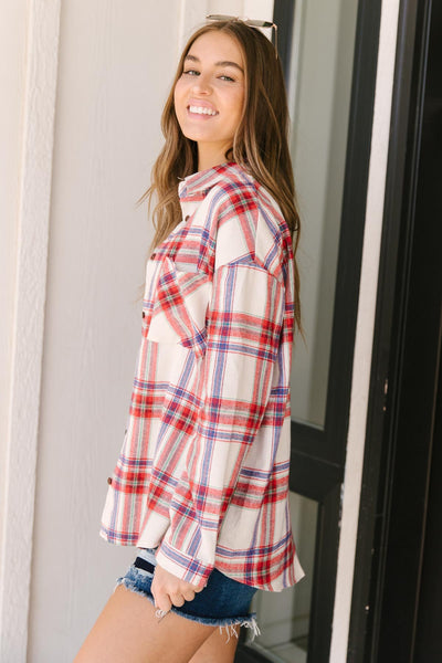 Pretty In Plaid Button-Up Top in Red