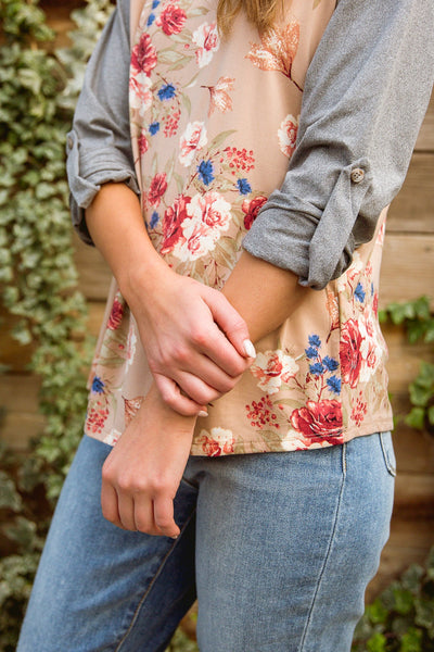 Raglan Floral Long Sleeved Top In Taupe