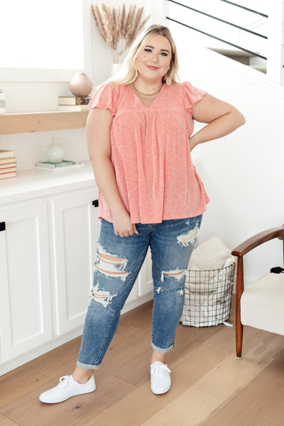 Ribbed Flutter Sleeve Top in Coral