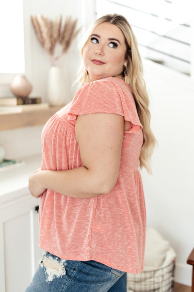 Ribbed Flutter Sleeve Top in Coral