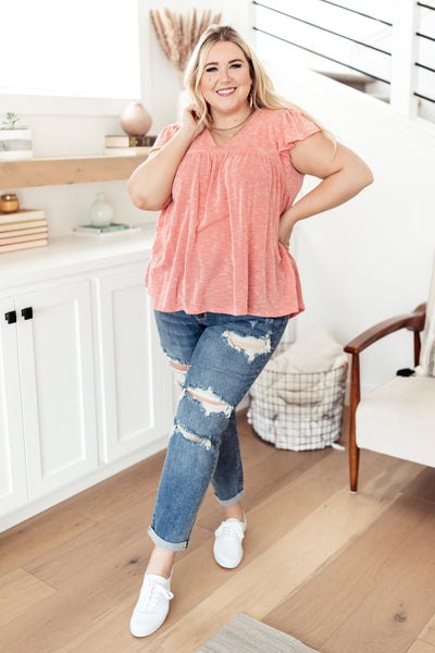 Ribbed Flutter Sleeve Top in Coral