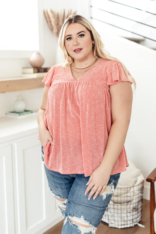 Ribbed Flutter Sleeve Top in Coral