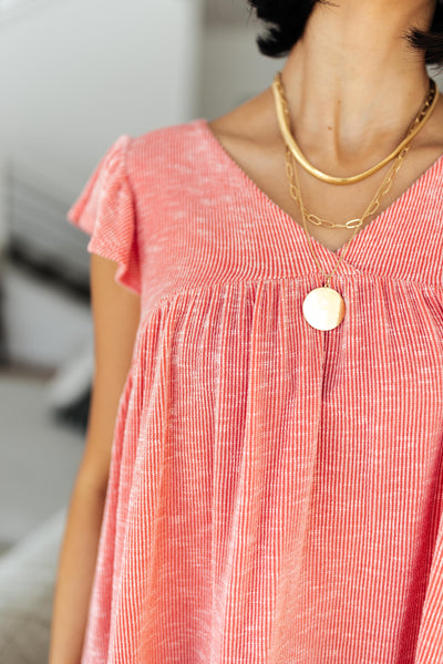 Ribbed Flutter Sleeve Top in Coral