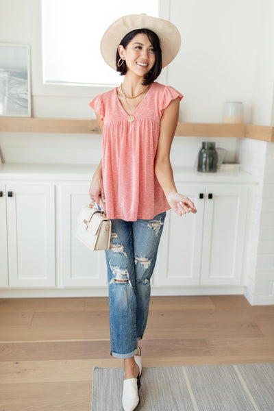 Ribbed Flutter Sleeve Top in Coral