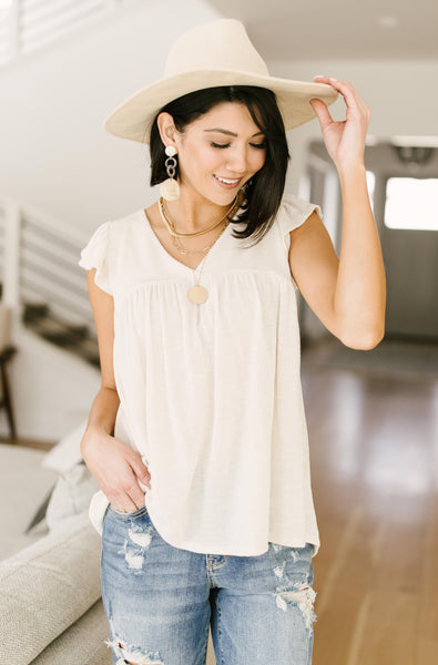 Ribbed Flutter Sleeve Top in White