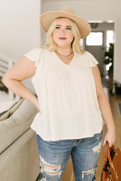 Ribbed Flutter Sleeve Top in White