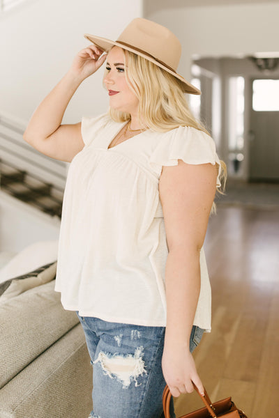 Ribbed Flutter Sleeve Top in White