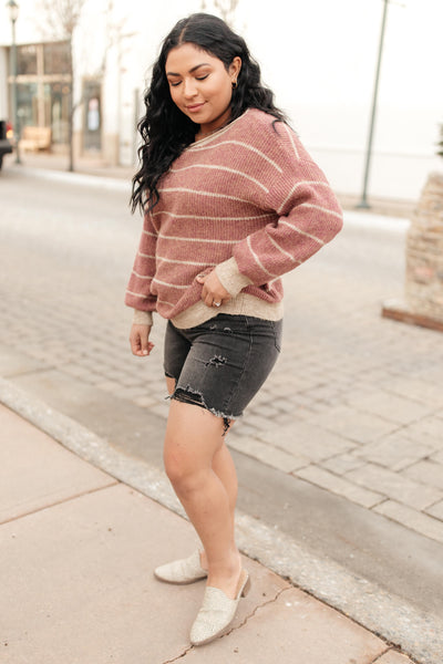 Ribbed and Striped Sweater in Mauve