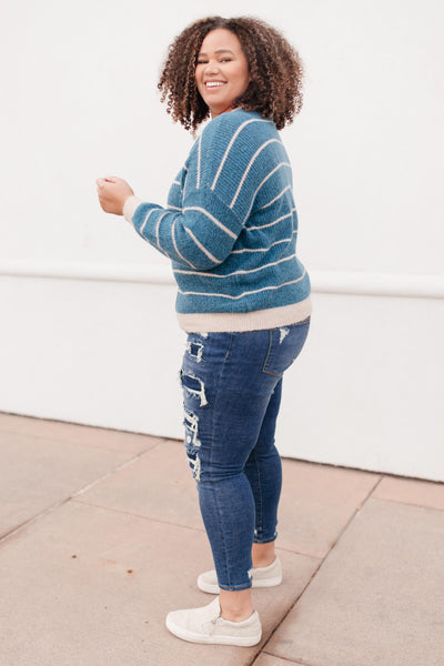 Ribbed and Striped Sweater in Teal