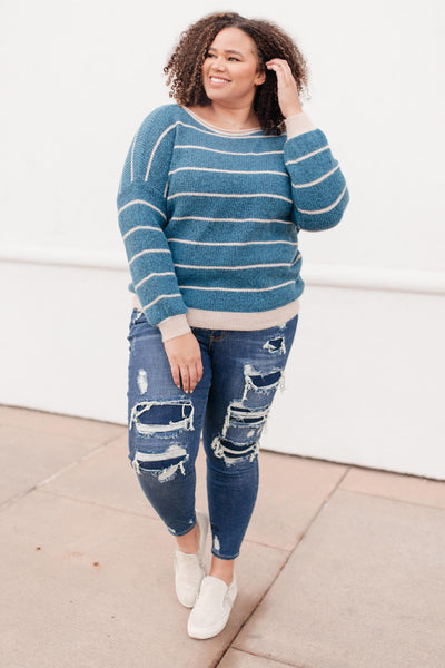 Ribbed and Striped Sweater in Teal