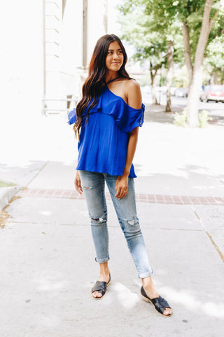 V Halter Ruffles Cold Shoulder Blouse