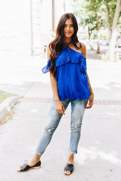 V Halter Ruffles Cold Shoulder Blouse