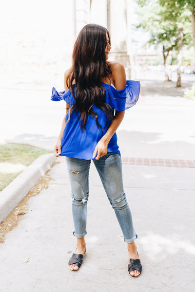 V Halter Ruffles Cold Shoulder Blouse