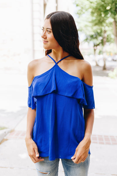 V Halter Ruffles Cold Shoulder Blouse