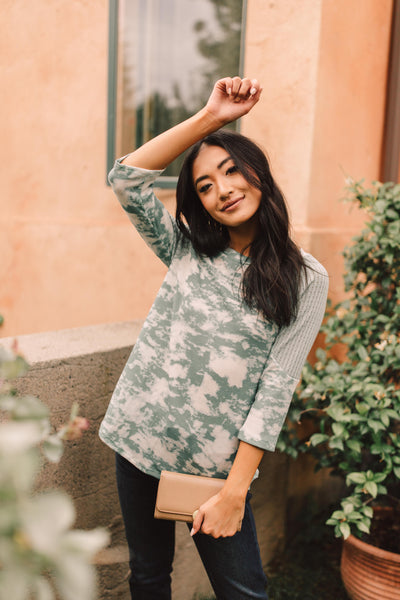 Sage Waffle Knit & Tie Dye Top