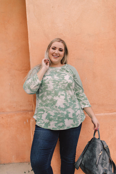 Sage Waffle Knit & Tie Dye Top