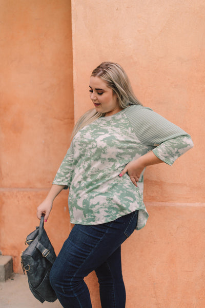 Sage Waffle Knit & Tie Dye Top