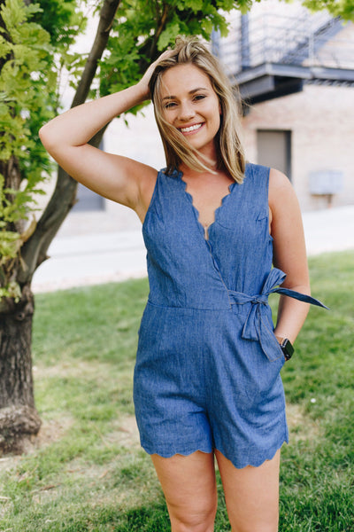 Scallop Away Denim Romper