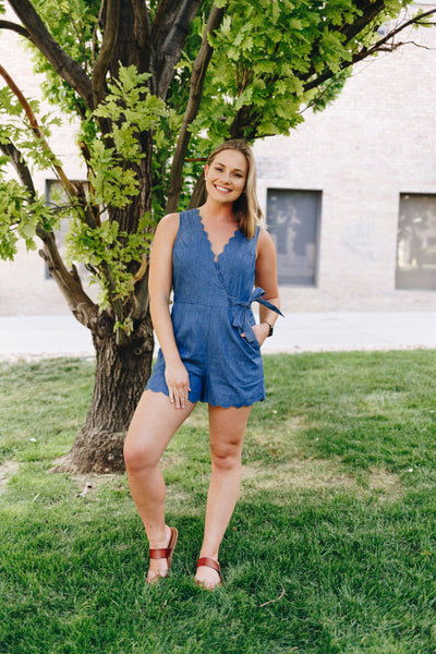 Scallop Away Denim Romper