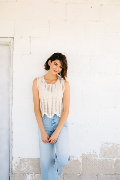 Sheer Scalloped Sweater in Ivory