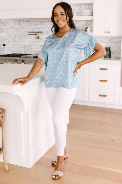 Silky Spots Ruffle Sleeve Blouse In Sky Blue