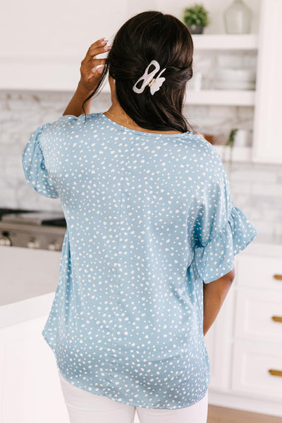 Silky Spots Ruffle Sleeve Blouse In Sky Blue