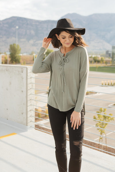 Straight Laced Ribbed Top In Sage