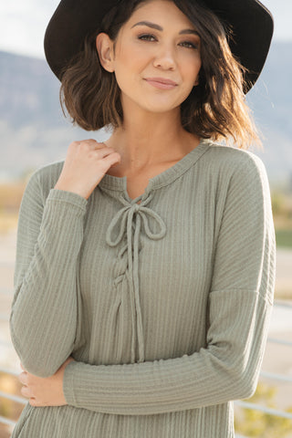 Straight Laced Ribbed Top In Sage