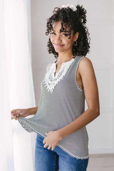 Stripes N Lace Top In Black