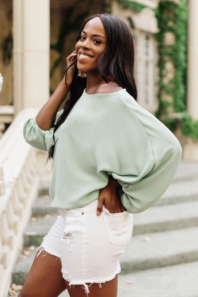 Summer Off My Shoulder, Off My Mind Blouse in Sage