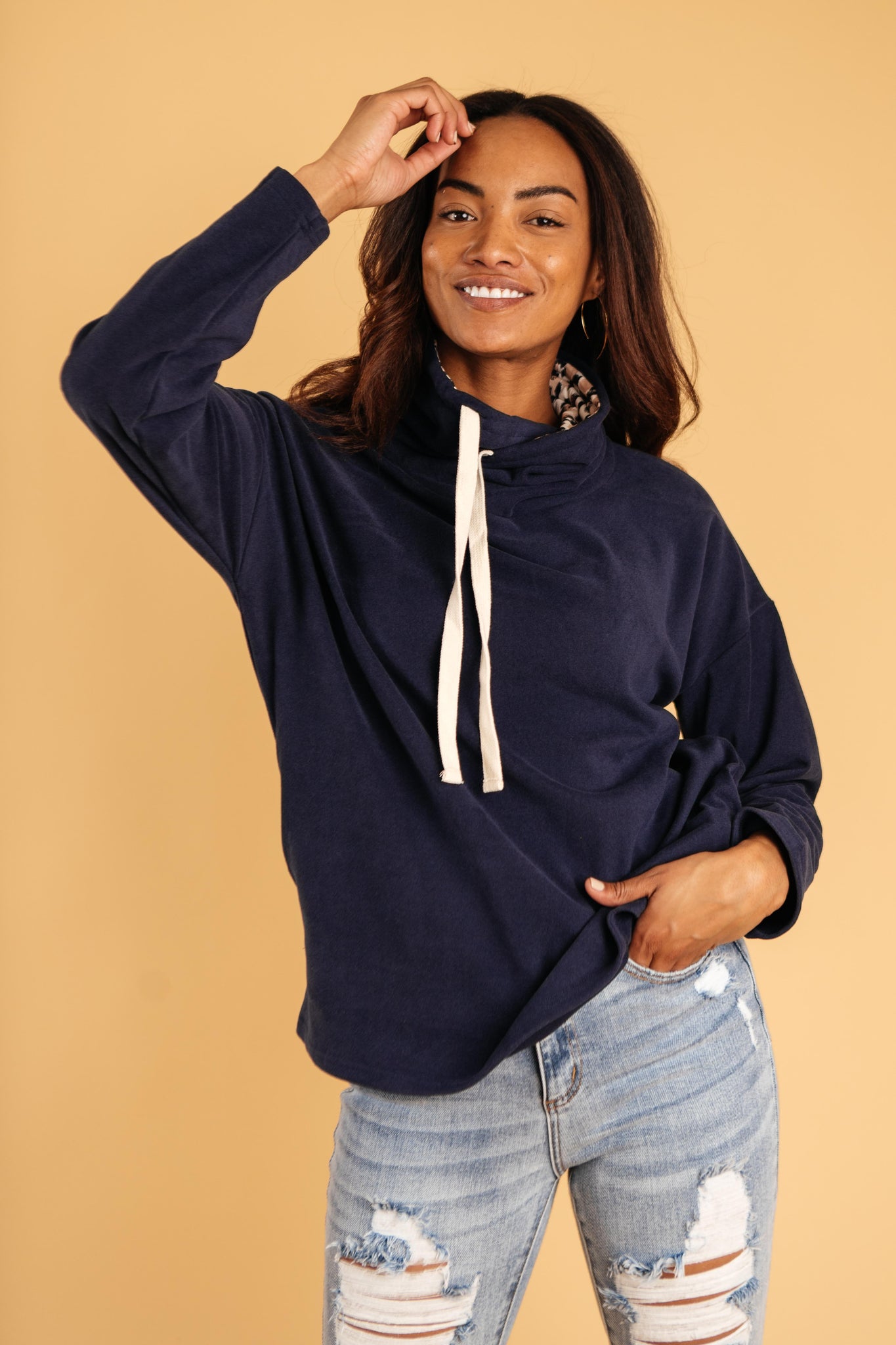 The Mia Leopard and Navy Cowl Neck