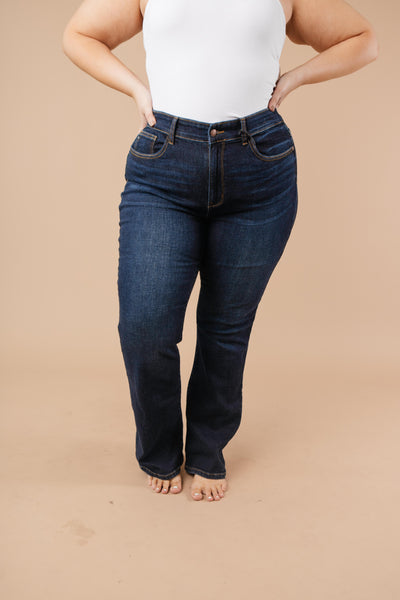 Whiskered Dark Wash Boot Cut Jeans