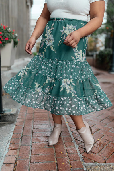 Zoe Floral Midi Skirt in Hunter Green