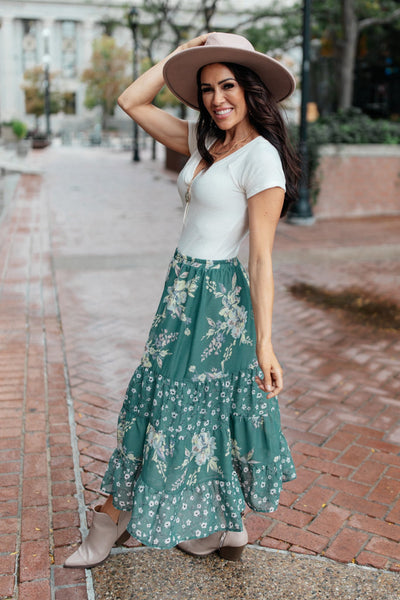 Zoe Floral Midi Skirt in Hunter Green