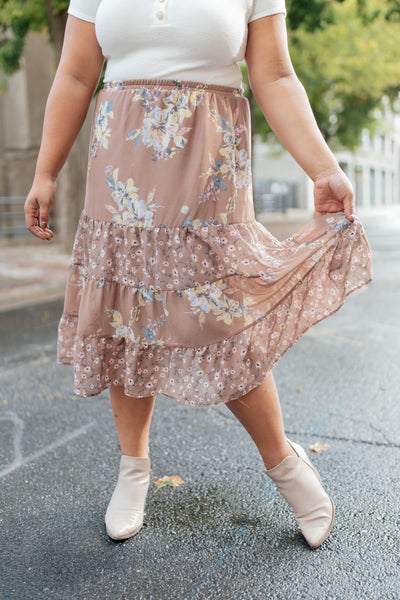 Zoe Floral Midi Skirt in Mocha