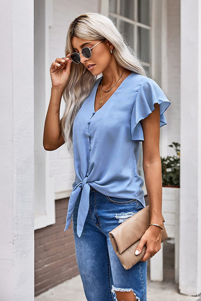 V-Neck Tie Hem Flutter Sleeve Blouse - 6 color options