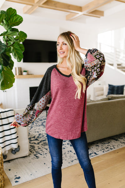 Ace Up Your Sleeve Blouse In Heathered Burgundy