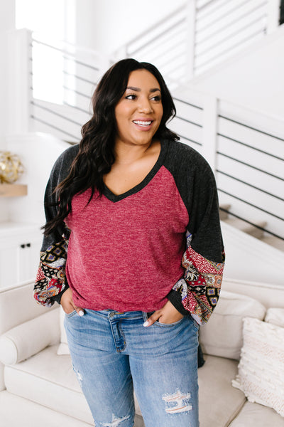 Ace Up Your Sleeve Blouse In Heathered Burgundy