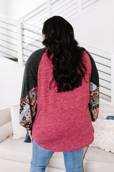 Ace Up Your Sleeve Blouse In Heathered Burgundy