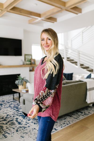 Ace Up Your Sleeve Blouse In Heathered Burgundy