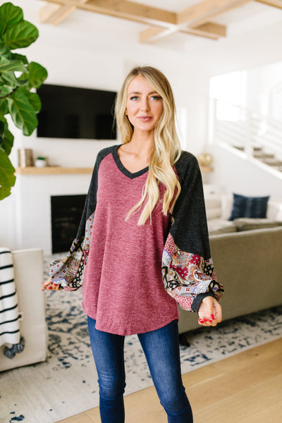 Ace Up Your Sleeve Blouse In Heathered Burgundy