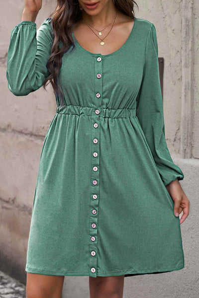 Scoop Neck Empire Waist Long Sleeve Mini Dress - multiple colors available