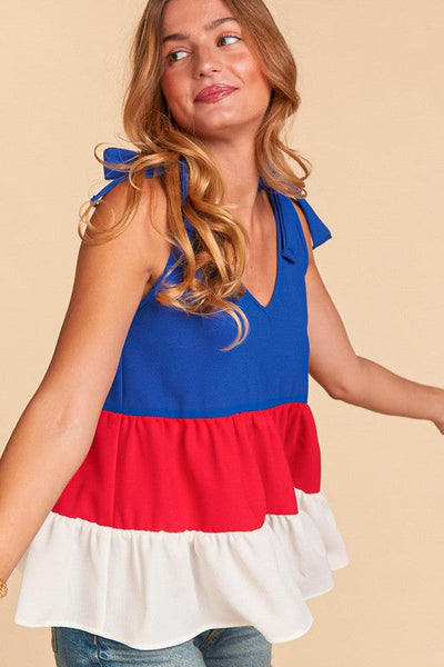 Patriotic Color Block Shoulder Tie Bow Top