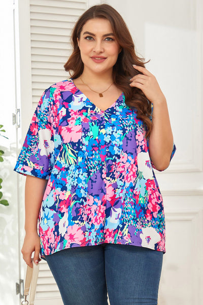 Plus ONLY Floral Center Seam V-Neck Blouse