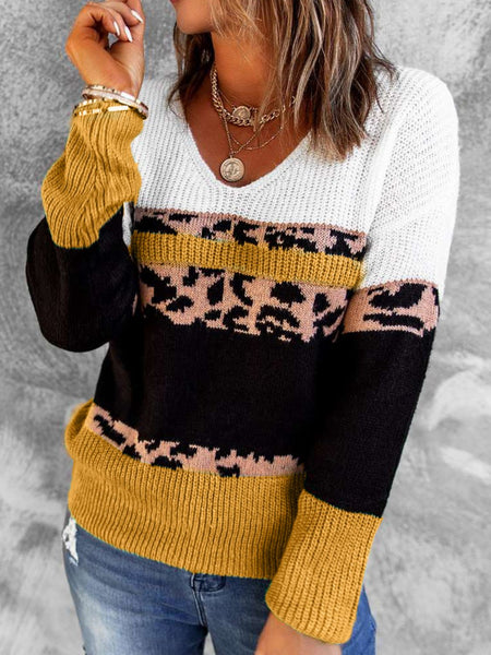 Leopard Color Block V-Neck Rib-Knit Sweater - 2 colors available!