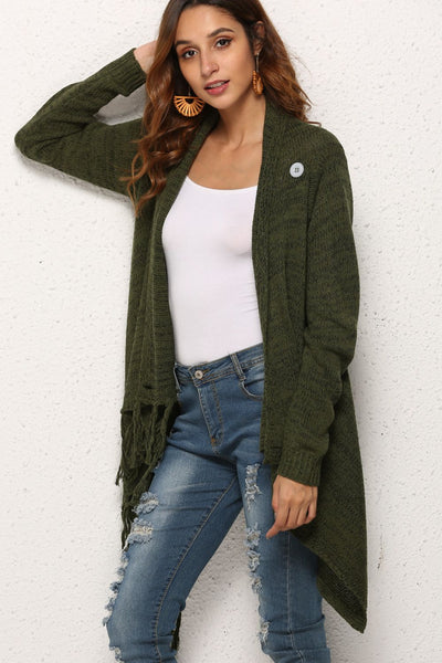 One-Button Tassel Tie Asymmetrical Hem Cardigan - 4 color options