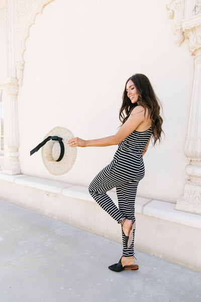 Black & White Striped Surplice Jumpsuit