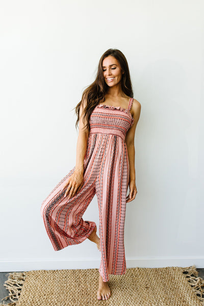 Boho Smocked Jumpsuit In Mauve