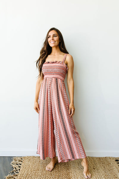 Boho Smocked Jumpsuit In Mauve